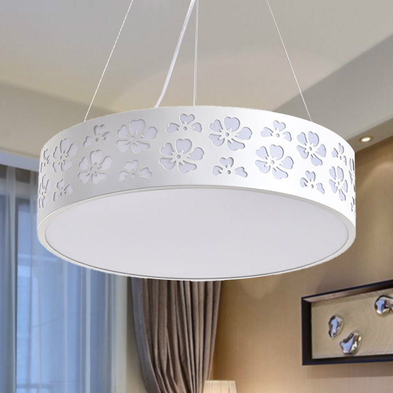 Noemi - Nordic Drum Hanging Light Metal Led White Ceiling With Etched Flower In White/Warm/Natural