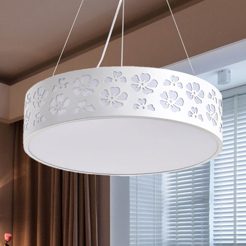 Nordic Metal LED Drum Hanging Light - White Ceiling Light with Etched Flower, 12"/15"/19" Wide (White/Warm/Natural Light)