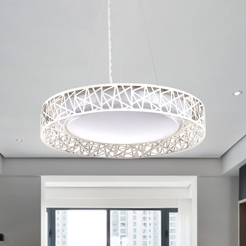 Nordic Metal LED Drum Pendant Light with Hollow Design, 12"/15"/19" Wide, in White/Warm/Natural Light