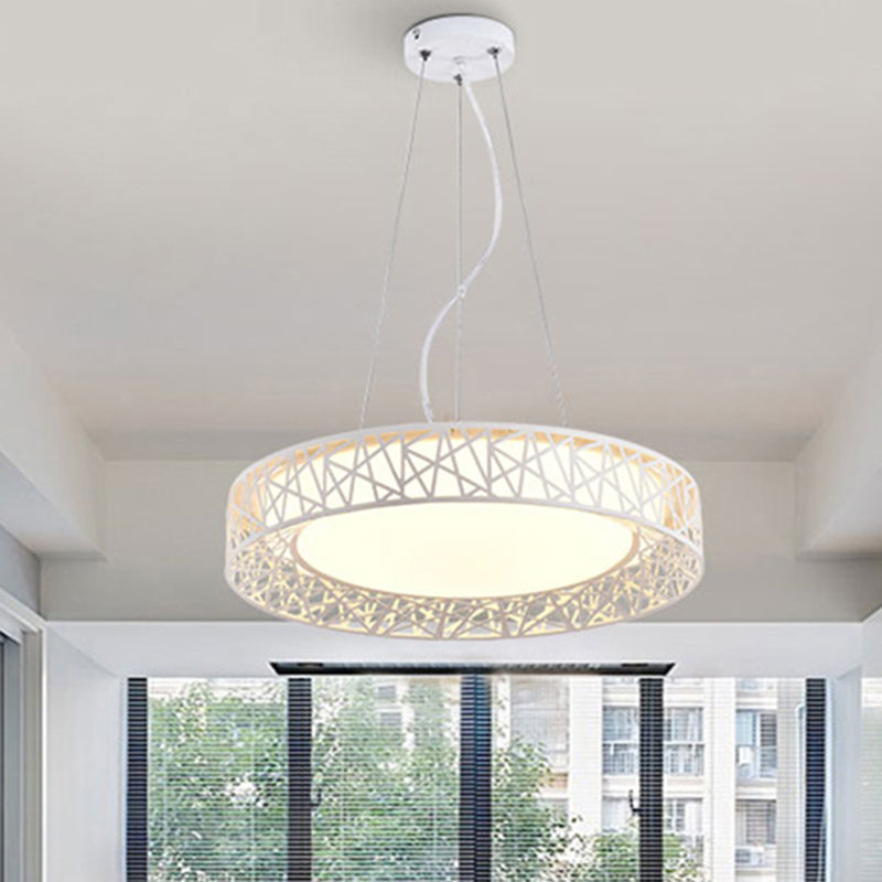 Nordic Metal LED Drum Pendant Light with Hollow Design, 12"/15"/19" Wide, in White/Warm/Natural Light