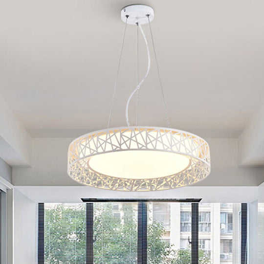 Nordic Metal LED Drum Pendant Light with Hollow Design, 12"/15"/19" Wide, in White/Warm/Natural Light