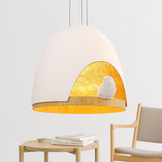 Contemporary Dome Pendant Light with Nest and Bird Design - Resin Hanging Lamp Fixture (White/Black)