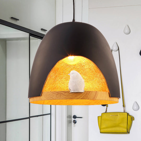 Contemporary Dome Pendant Lighting With Bird And Nest Design - White/Black Resin Hanging Lamp Black
