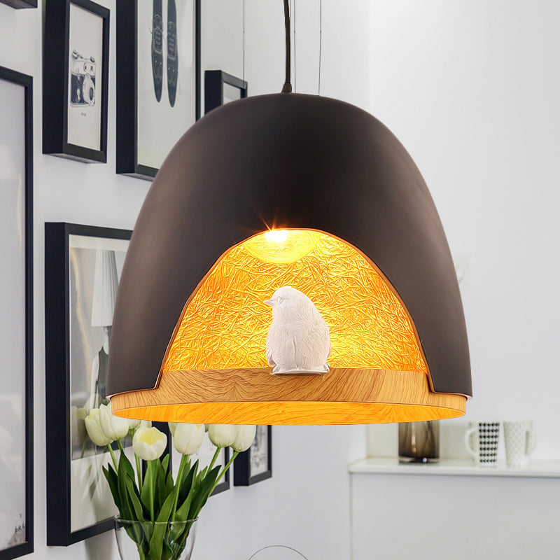 Contemporary Dome Pendant Lighting With Bird And Nest Design - White/Black Resin Hanging Lamp