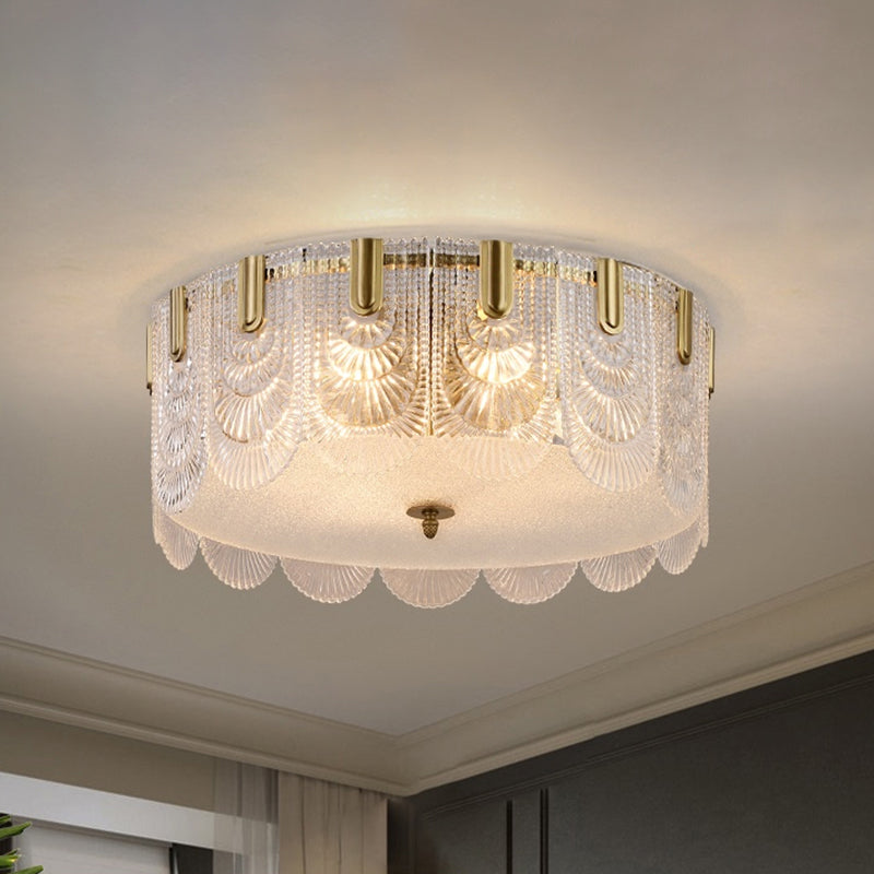Clear Textured Glass Drum Ceiling Light with Scalloped Edge - Contemporary Flush Mount Fixture