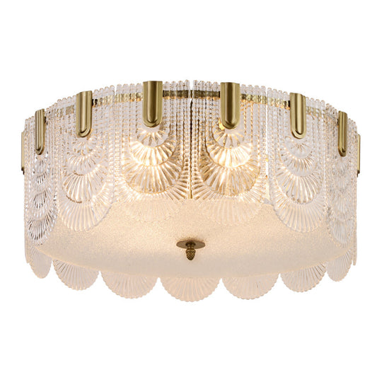 Clear Textured Glass Drum Ceiling Light with Scalloped Edge - Contemporary Flush Mount Fixture