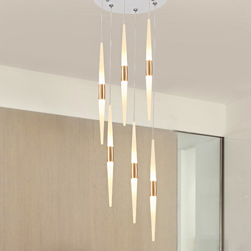 Modernist Acrylic Flute Pendant Light with Cluster Design - 5/6 Lights, White Finish - Ceiling Hanging Lamp Fixture with Round/Linear Canopy in White/Warm Light