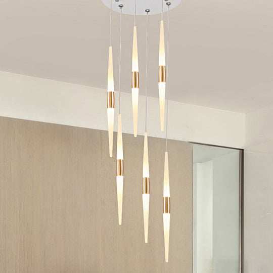 Modernist Acrylic Flute Pendant Light with Cluster Design - 5/6 Lights, White Finish - Ceiling Hanging Lamp Fixture with Round/Linear Canopy in White/Warm Light