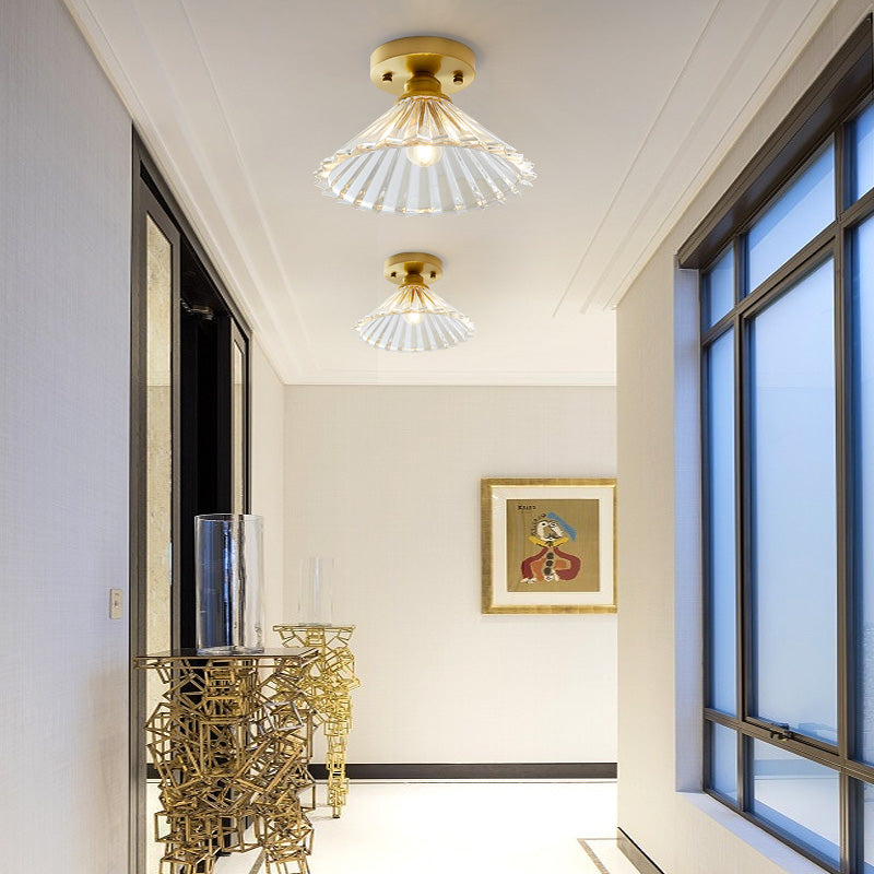 Brass Semi Flush Mount Ceiling Light for Aisle: Textured Glass, 1-Light, Industrial Style