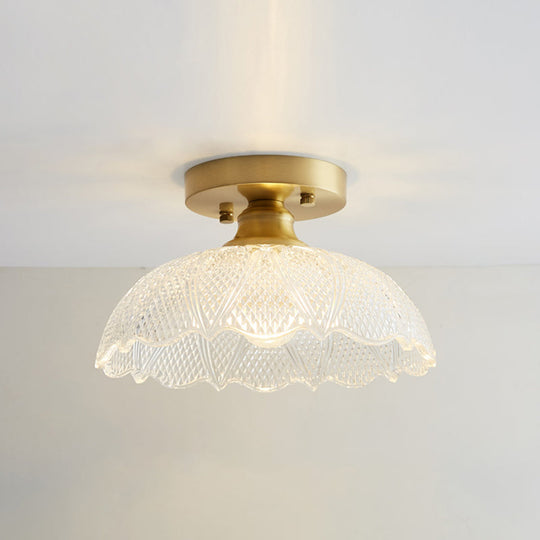 Brass Semi Flush Mount Ceiling Light for Aisle: Textured Glass, 1-Light, Industrial Style