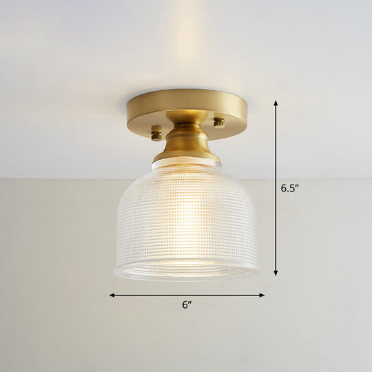 Brass Semi Flush Mount Ceiling Light For Aisle: Textured Glass 1-Light Industrial Style