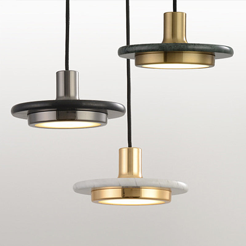 Modern Round Metal Pendant Lighting: 1-Light White/Black/Green Ceiling Lamp with Marble Ring