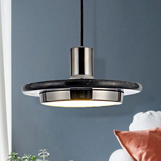 Modern Round Metal Pendant Lighting: 1-Light White/Black/Green Ceiling Lamp with Marble Ring