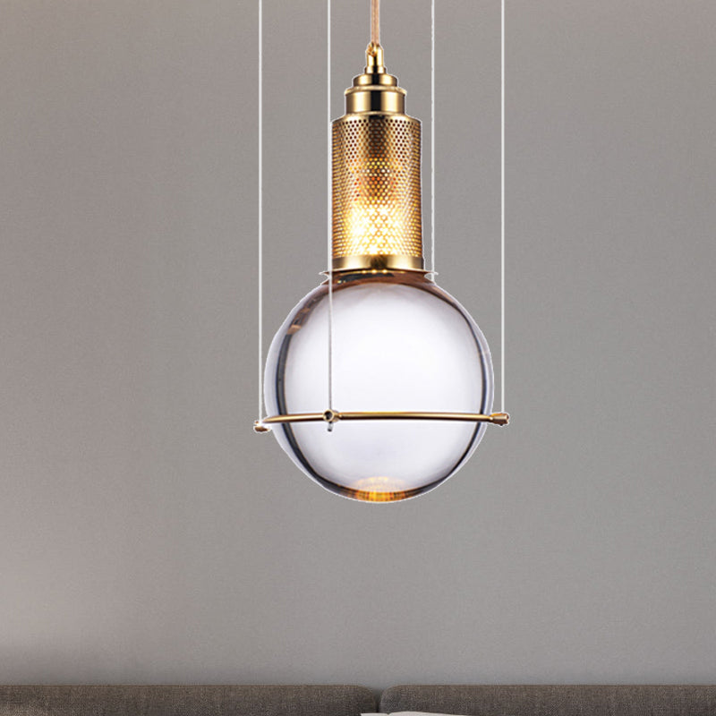 Clear Crystal Ball Pendant Lamp With Led Light - Modern Design Gold Mesh Cage Bedroom Hanging In
