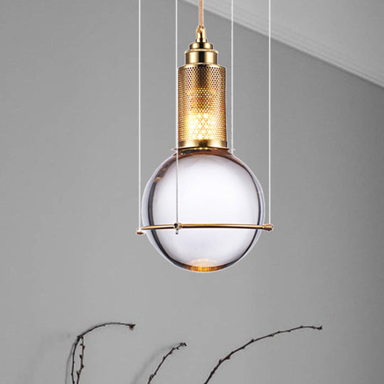 Modern Clear Crystal Ball Pendant Lamp with LED, Gold Mesh Cage - Warm/White Bedroom Hanging Light