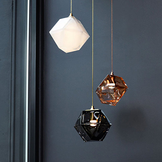 Textured Diamond Suspension Pendant Lamp - White/Amber/Smoke Glass - Modern LED Hanging Light for Dining Room
