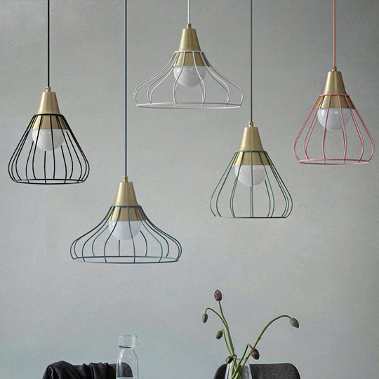 Modern Metal Cone Pendant Light with Wire-Cage Shade - 1 Light, 9"/13" Wide