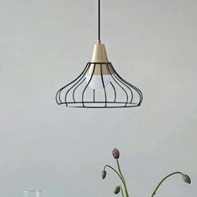 Modern Metal Cone Pendant Light with Wire-Cage Shade - 1 Light, 9"/13" Wide