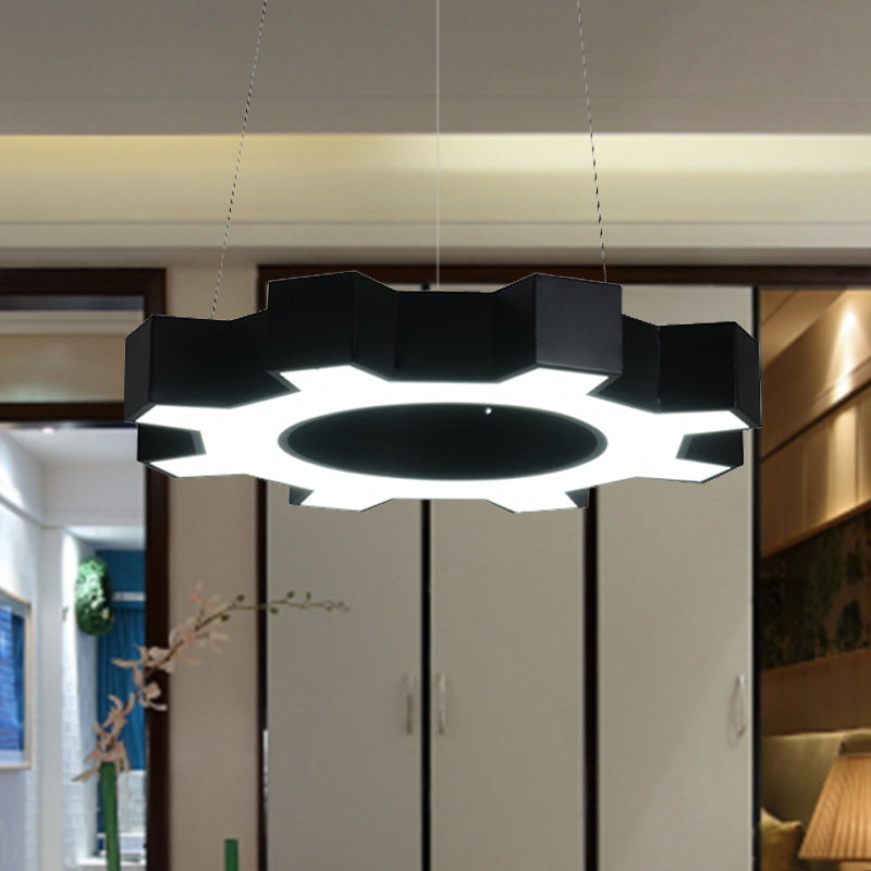 Contemporary Metal LED Pendant Lamp for Gym - Wide Gear Shape, White/Black, White/Warm Light