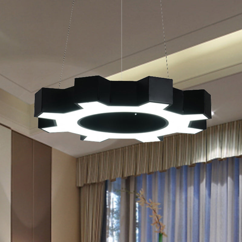 Contemporary Metal LED Pendant Lamp for Gym - Wide Gear Shape, White/Black, White/Warm Light