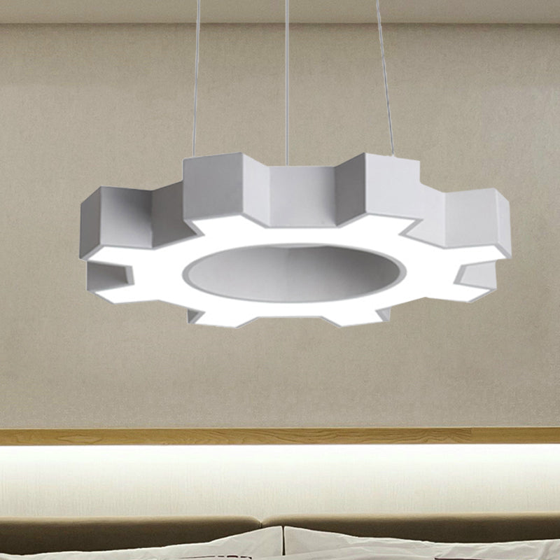 Contemporary Metal LED Pendant Lamp for Gym - Wide Gear Shape, White/Black, White/Warm Light