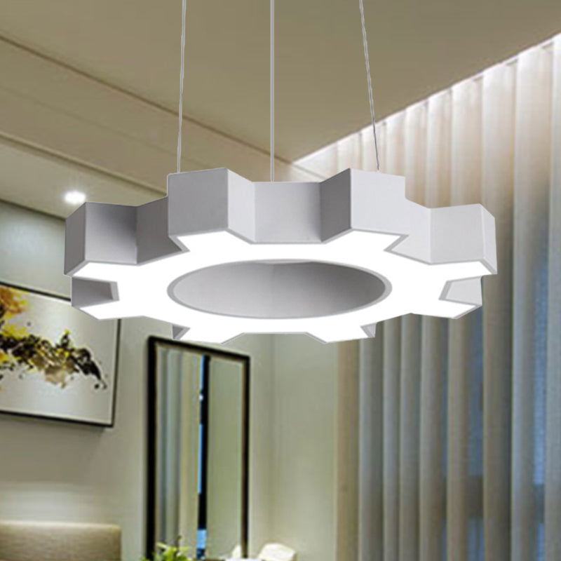 Contemporary Metal LED Pendant Lamp for Gym - Wide Gear Shape, White/Black, White/Warm Light