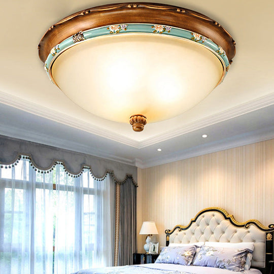 Traditional Brown Bowl Shaped Bedroom Ceiling Light Fixture - 3 Lights, Frosted Glass, 12.5"/16"/18.5" Wide