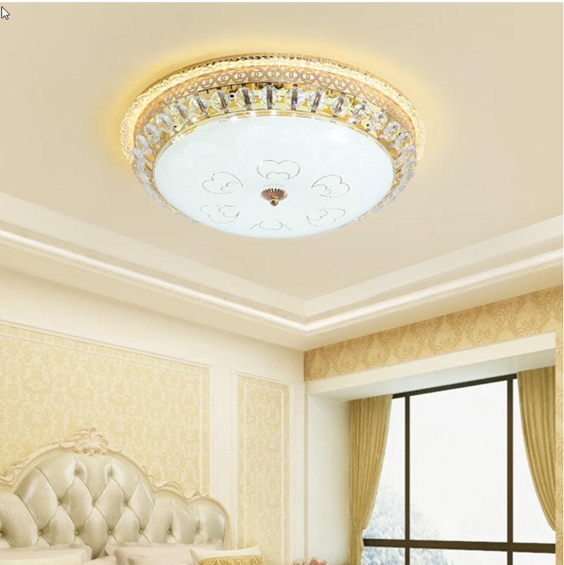 Modern Gold Flush Mount Ceiling Light with Opal Glass LED and Crystal Accent - 16"/19.5" W Round Flush Light for Bedroom