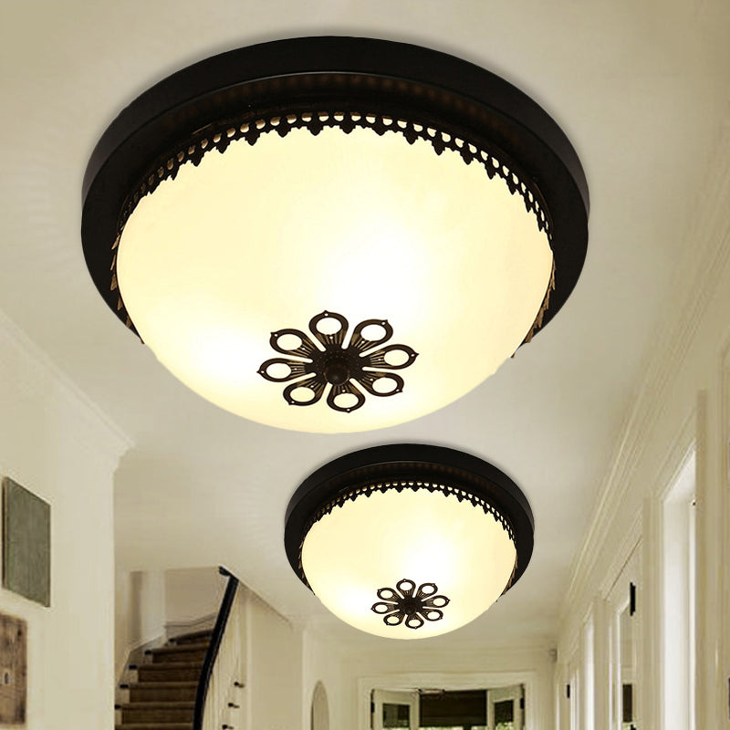 Classic Black Flush Ceiling Light Fixture, 4 Lights, Frosted Glass Bowl, 14"/18" Wide - Ideal for Corridors