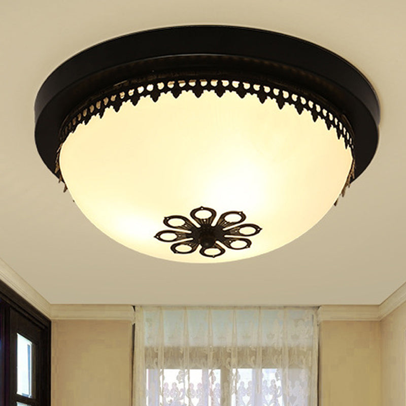 Classic Black Flush Ceiling Light Fixture, 4 Lights, Frosted Glass Bowl, 14"/18" Wide - Ideal for Corridors