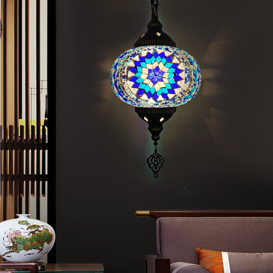 Hanging Pendant Light With Traditional Red/Blue Glass Ideal For Living Room Décor