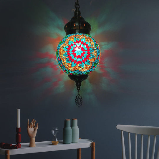 Suspended Sphere Ceiling Light Fixture - 1/4 Bulbs Tradition Red/Blue/Gold Glass Design For