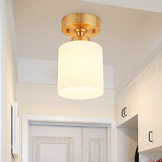 Gold Cylinder Ceiling Light With Traditional White Glass - 1 Pendant Lighting Fixture For Corridor