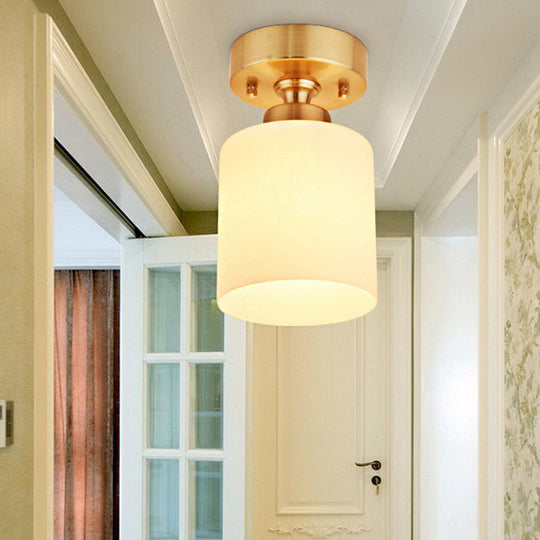Gold Cylinder Ceiling Light With Traditional White Glass - 1 Pendant Lighting Fixture For Corridor
