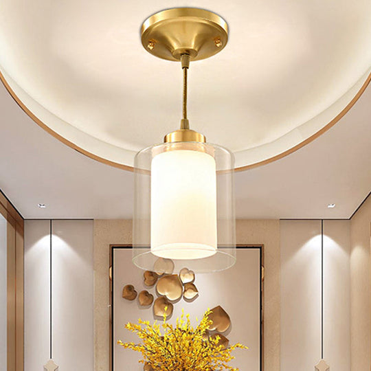 Brass Pendant Light With Double-Layered Glass Cylinder For Dining Room