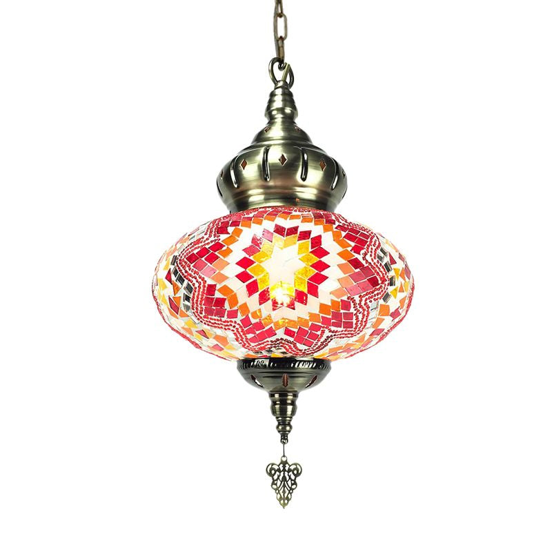 Vintage Lantern Pendant Light With Carved Metal Drop - Red/Blue/Rose Glass 1/3 Heads
