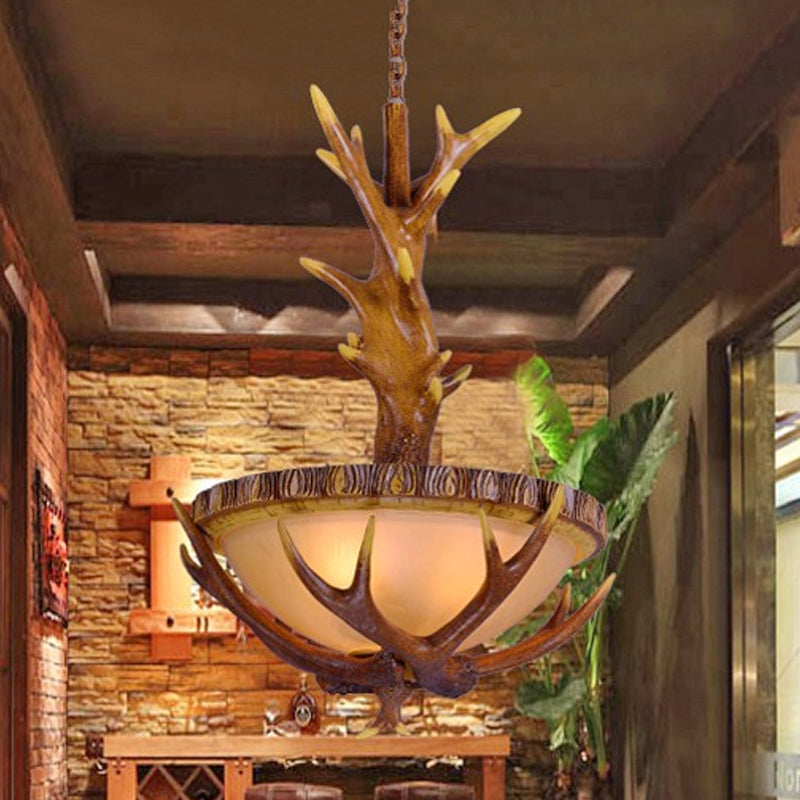 Country Style Brown Pendant Light With Elk Design And Frosted Glass Bowl