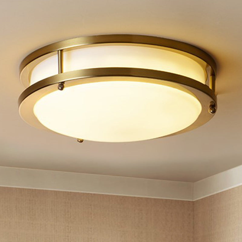 LED Ceiling Mount Drum Flush Light Fixture for Corridor - Black/Brass Finish with Warm/White Light Options - 12"/16" W