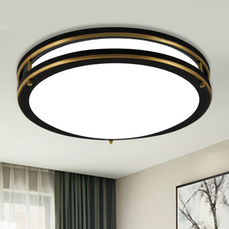 LED Ceiling Mount Drum Flush Light Fixture for Corridor - Black/Brass Finish with Warm/White Light Options - 12"/16" W