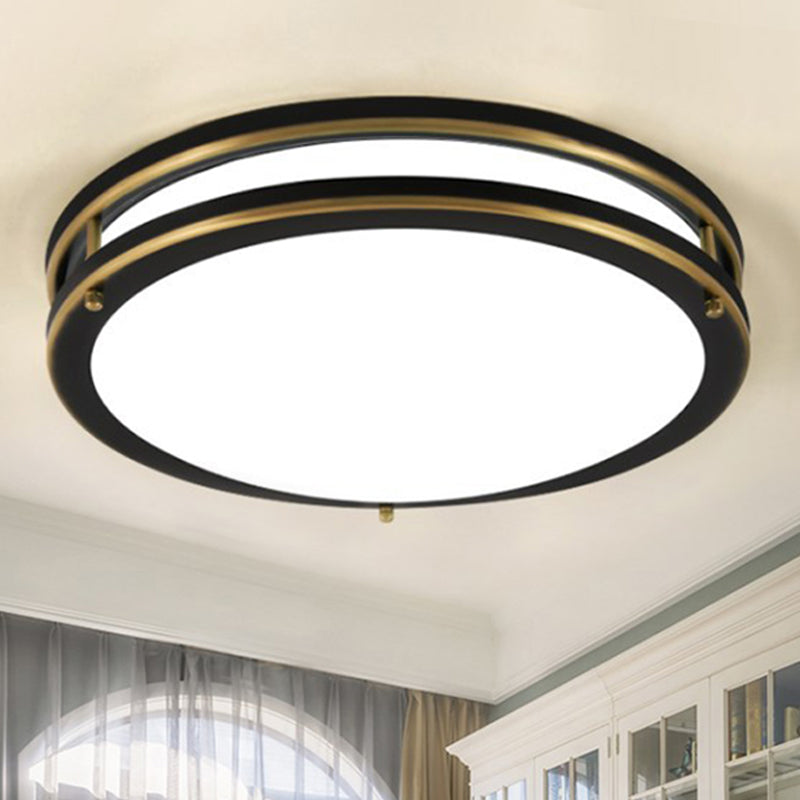 LED Ceiling Mount Drum Flush Light Fixture for Corridor - Black/Brass Finish with Warm/White Light Options - 12"/16" W