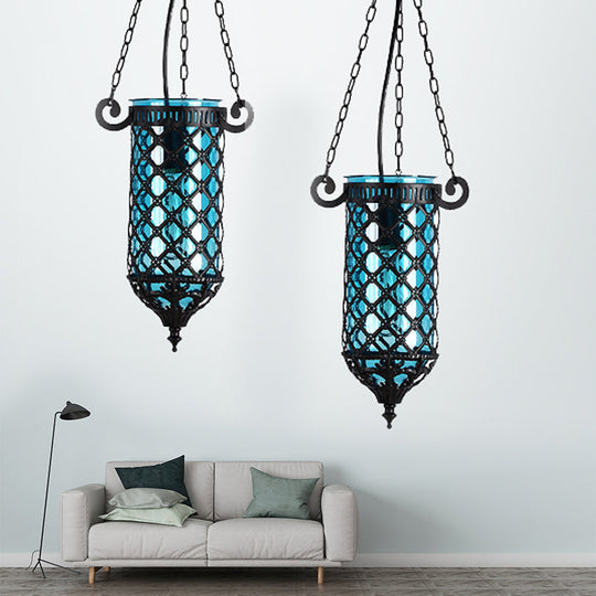 Pencil Glass Pendant Lamp - Antique Hanging Light Fixture With Blue/Green/Purple Tones For Living