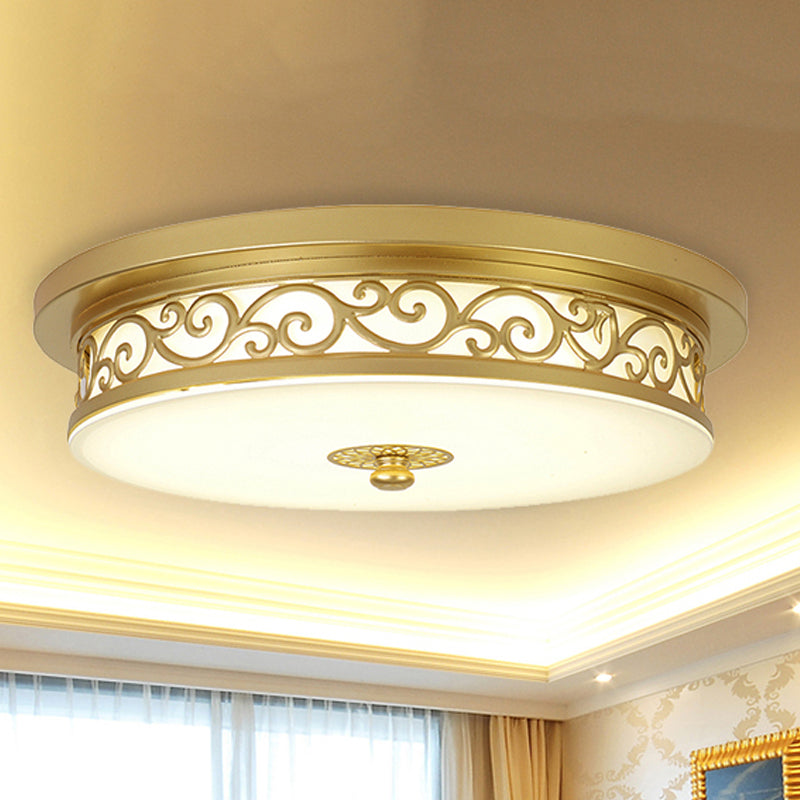 Gold Drum Flush Mount LED Lamp with Classic White Glass - Ideal Living Room Ceiling Light in White or Warm Light (12"/16"/19.5" W)