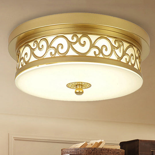 Gold Drum Flush Mount LED Lamp with Classic White Glass - Ideal Living Room Ceiling Light in White or Warm Light (12"/16"/19.5" W)