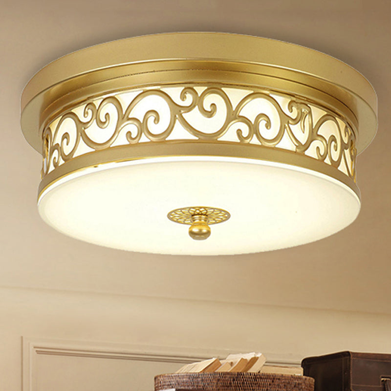 Gold Drum Flush Mount Led Lamp With Classic White Glass - Ideal Living Room Ceiling Light In Or Warm