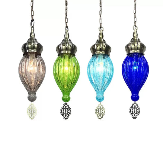 Ribbed Glass Droplet Hanging Lamp In Blue/Green/Taupe - Perfect For Bedroom