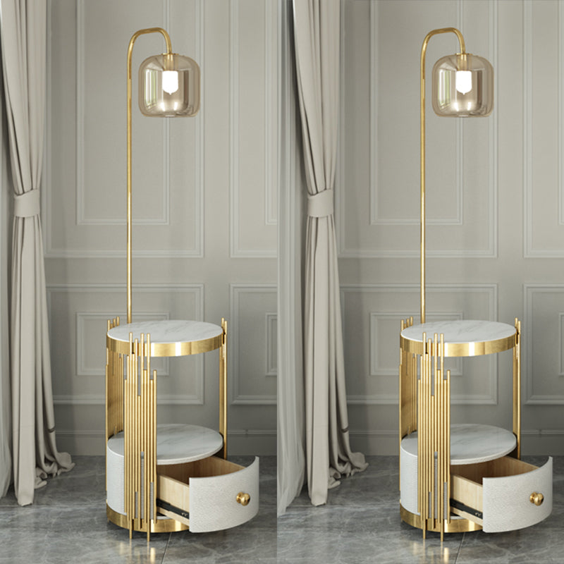 Modern Glass Cylinder Floor Lamp With Table Drawer And Gooseneck Design White