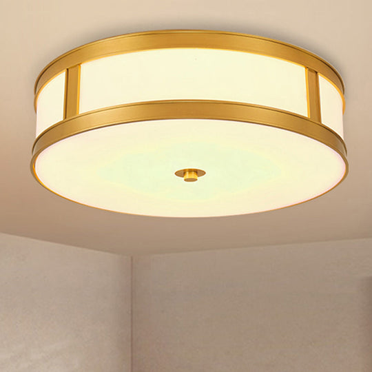 Traditional Brass Drum Flush Mount Ceiling Light Fixture With White Glass - 4 Lights 14/18 Width /