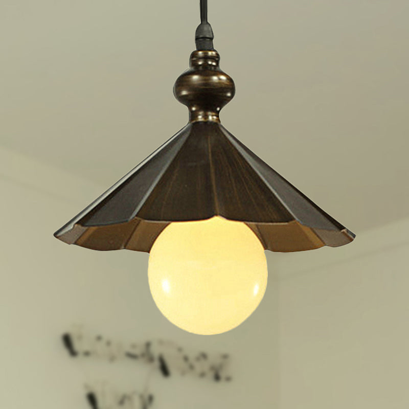 1-Head Industrial Rust Brown Scalloped Shade Pendant Light For Restaurants Metallic Ceiling Hanging