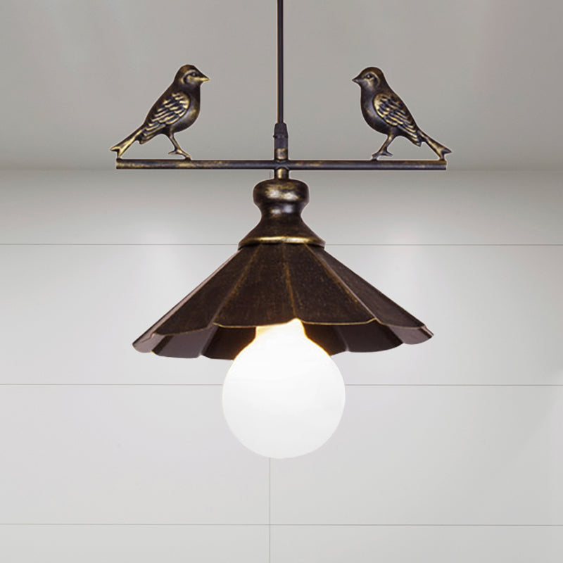 1-Head Industrial Rust Brown Scalloped Shade Pendant Light For Restaurants Metallic Ceiling Hanging