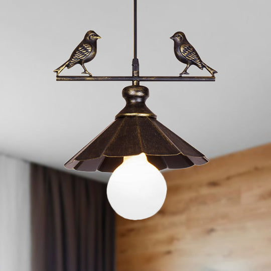 Industrial Scalloped Shade Pendant Ceiling Light, Brown/Rust Finish – Restaurant Hanging Lighting